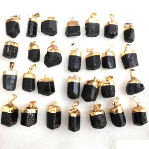 Charms Natural Irregar Tourmaline Pendant Black Quartz Gold Edged Energy Stone Healing Meditation Yoga Gift Drop Delivery Jewelry Fi Dhoux