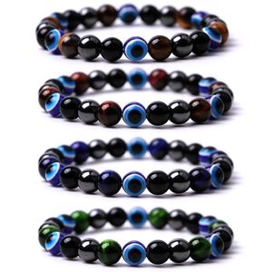 Men 8mm Colorful Tiger eye stone Turkish Blue Evil Eye Fish Eye Beads Elasticity Bracelet for Women Jewelry