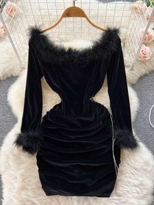Casual Dresses Fashion Women's Princess Black Mini Fur Patch Work Long Sleeve High Waist Velvet Party Dress Korean Tank Top P230606