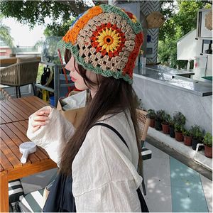 Chapéu de Pescador de Flor Feminino Hyun Elegante Oco Chapéu de Malha de Lã Show Face Pequeno Outono Inverno Rede Red Hollow Hat Bucket