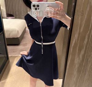 Basic & Casual Dresses Designer 23ss seaside style lapel women's short sleeved dress with zipper waist closure for slimming A-line skirt casual versatility XQL7