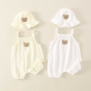 2PCS Summer Baby Clothes Set With Cap Toddler One Piece Cute Bear Sling Romper Fisherman Hat Infant Girl Boy Jumpsuit Outfit L230625