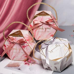 Marmurowe papierowe cukierki czekoladowe hurtowe pudełka opakowania kreatywne pudełko na prezent sześciokąta z uchwytem ślubny impreza dla dzieci podziękowania th0878