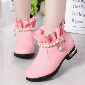 Sneakers Girls Ankle Boots 2022 New Autumn and Winter Fashion Lotus Leaf Lace Pärled Zip Beautiful Princess Non-Slip Children Warm PlushHKD230701