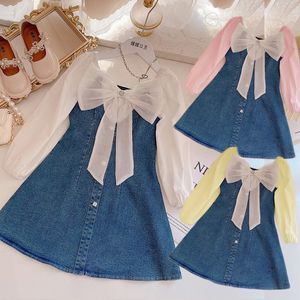 Mädchen Kleider Ankunft Kinder Mädchen Gestrickte Langarm Schwarz Kleid Kleidung Winter Casual Kinder Denim Kleid Bogen Chiffon 230630