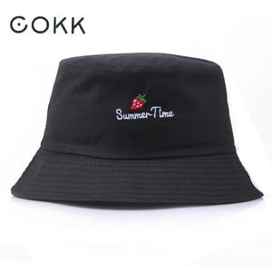 COKK Bucket Hat Women Summer Casual Strawberry Print Foldable Beach Sunscreen Wide Brim Flat Top Sun Hat Female Fisherman Cap