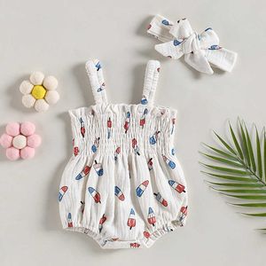 FOTIES FOCUSNORM 0-18M Independence Day Bady Girl Cute Romper Summer Ice Cream Print Seveless Ruched JumpsuitsストレッチHeadBandhkd230701