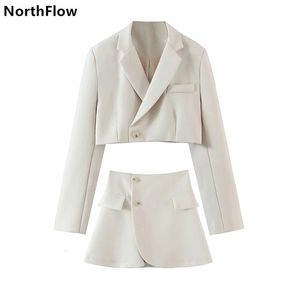 Tvådelt klänning Northflow matchande set blazer och kjolar kvinnor England stil navel exponerad kort imperium blazer feminino femme två bit set 230630