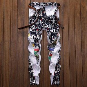 Casual jeans men's print pop stretch small leg pants popular patchwork men's flower pants personality fashion patchwork 2800