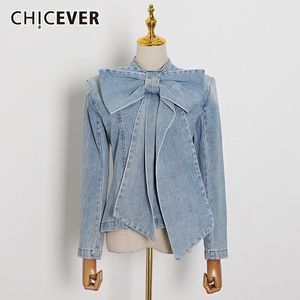 Women's Jackets CHICEVER Denim Stand Collar Long Sleeve Patchwork Bow Vintage Ruched Coats For Female Spring Clothing 230630