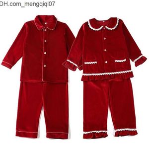 Pyjamas Winter Boutique Velvet Fabric Red Kids Clothes PJs With Lace Toddler Boys Set Pyjamas Girl Baby Sleepwear 220110 Z230701