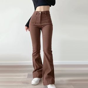 Kvinnors jean blossade lösa denim byxor botten rak hög midja stretch vår hösten fast färg kvinnlig mode streetwear 230630