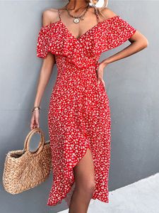 Ladies Spring Summer Fashion Straps Dress Women Ruffles Off Shoulder Casual Party Dresses Elegant Floral Print Beach Dress