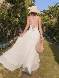 Kentsel Seksi Elbiseler Plaj Partisi Backless Uzun Dres Yüksek Bel Bandaj Düğün Beyaz Bayan Yaz Spagetti Kayışı Sundress Zarif 230630