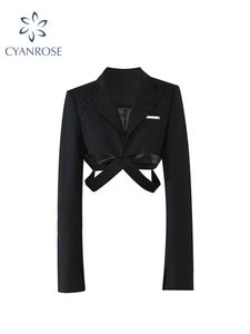 Women's Suits Blazers Autumn Chic Long Sleeve Turn Down Collar Cross Waist Hollow Out Slim Blazer Women Streetwear Black Crop Top Coat Female 230630