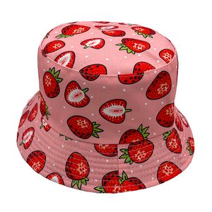 strawberry Printed Double-Sided Bucket Hats For Women Men Lemon Cherry Fruit Panama Cap Sun Fishing Bob Fisherman Hat Bone
