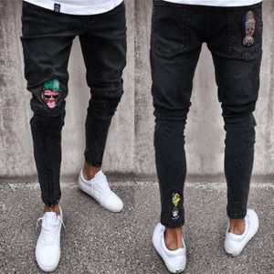 Skull Jeans Men Black Biker Jeans Pants Draped Ripped Long Pencil Pants Trousers Clothing230M