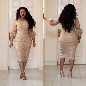 2023 Short Champagne Lace Plus Size Mother of the Bride Dresses Long Puff Sleeve Sheath Tea Length Women Formal Party Gowns Custom Size