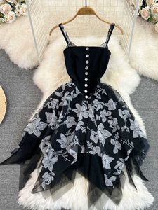 캐주얼 드레스 Ins 패션 프린세스 블랙 여성 여름 스파게티 숄더 스트랩 Y2K 레이스 스플 라이스 작업 불규칙 드레스 Vestidos P230606