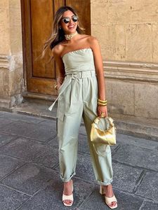 Women's Jumpsuits Rompers Sexy Strapless Jumpsuits With Belt For Women Causal Solid Sleeveless Wrapped Chest Summer Fashion Jumpsuit Full Cargo Pants 230630