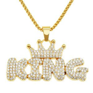 Hip Hop Rapper Shiny Diamond Wiselant Złoty naszyjnik Król Król Pełny cyrkon Pendant Osobowość Kreatywna miedź mikroinset biżuteria cyrkon 75 cm Naszyjnik 1372