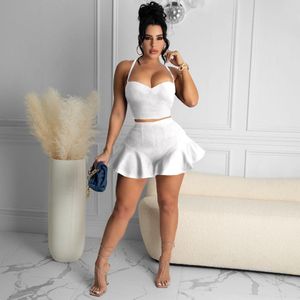 Skirts Women Two Piece Casual Sexy Solid Color Set Slim Fit Tube Top Camisole + Ruffle Shorts Sports Suit