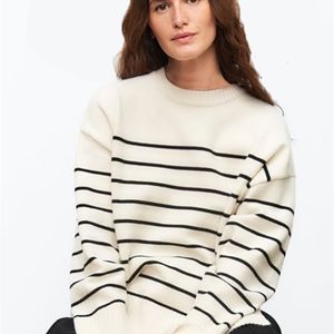 Kobiety Sweters Beige Stripe Workowca Sweter Kobiety pullover streetwear z długim rękawem bluzki żeńska jumper jesienna zima luźna 230630