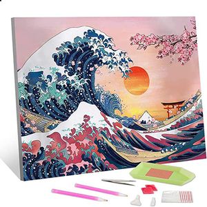 Pintura de diamante 5D Diamond Great Wave com pôr do sol e flores de cerejeira Bordado de diamante completo Kanagawa Art Cross Home Decor Presente