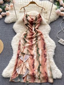 Casual Dresses Fashion Tie Dye Print Long Dress Women's Summer Elegant Split Ruffled Party Tank Top P230606