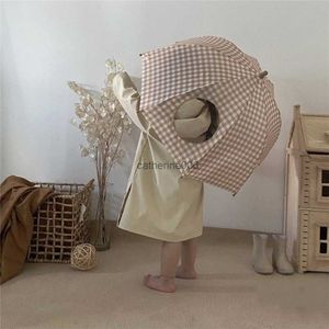 Vintage Plaid Children's Paraply Baby Cute Street Shot Shade Long Handle Liten Fresh Paraply Birthday Present Ins Korean Style L230625