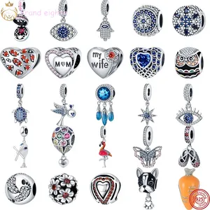 För Pandora Charms Sterling Silver Beads Wife Mom Blue Eyes Farterfly Turtle Red Flamingo Charmes Ciondoli