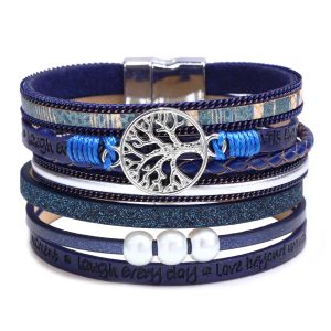 2019 Tree of Life Multilayer Leather Wrap Bracelet Boho Pearl Gorgeous Cuff Bracelet with Magnetic Buckle Casual Bangle for Women Girl