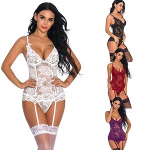 Wome Nachtwäsche-Dessous mit Hosenträgern, Spitzen- und Netz-Dessous, sexy floraler, durchsichtiger Teddy-Body mit Schnürung am Rücken, rot-weiß, Braut-Gar249R