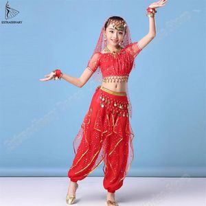 Children Belly Dance Top Belt Veil Pants Necklace Costume Set Bollywood Dance Kids Chiffon Coin Performance1318j