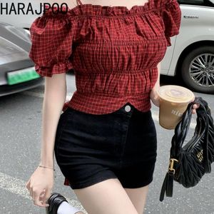 Women's T Shirts Harajpoo Women Short One Shoulder T-Shirts 2023 Summer French Bubble Sleeve Checker Printing Sling Tops