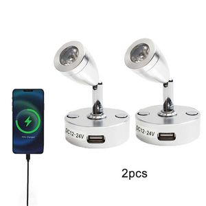 Vägglampor 2st/pack silver 3W DC12V 24V LED -ljus rv dimbar läsningslampa med USB -laddare för båt camper skåpbil trailerhkd230701