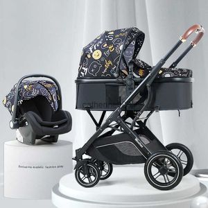 New Cartton Baby Stroller 3 w 1 z siedziskiem samochodowym PU skórzany Składany nowonarodzony powóz wózka Trolley Wózek Nowonarodzony Pushair Baby L230625