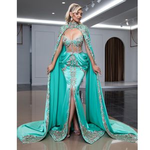 Urban Sexy Dresses Dubai Turquoise Mermaid Prom With Cape See Thru Corset Shiny Crystal 2 Pieces Gowns Front Split Maxi Dress 230630