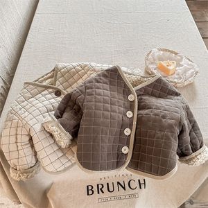 Jackets Baby Fashion Plaid Fleece Coat Girls Simple Single Breasted Warm Thickened Cardigan 2023 Winter Children Comfortable Parkas 230630