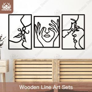 装飾的なオブジェクト図形のカジキライン木製女性フェイスシルエット3PCSブラックリビングルームベッドルーム壁アート装飾