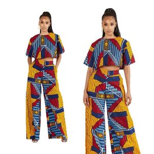 Etniska kläder Två stycken Set Africa Clothes African Dashiki Fashion Flower Print Suit Top Trousers Super Elastic Party for Women 2139