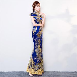 Novo vestido chinês tradicional feminino fino Cheongsam bordado lantejoulas moderno oriental longo Qipao vestidos de noite2463