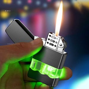 2023 New green light perspective gas chamber lighter retro grinding wheel ignition jet flame cool LED free shippinglighter W3D9