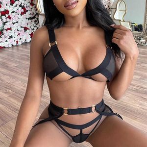 Echonight Hollow Out Erotic Lingerie Black Lace Underwear Sensual Lingerie Woman Lingerie Sexig trådlös Bra Thongs With Garters Q0245P