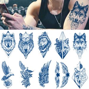 Temporary Tattoos 100Pcs Wholesales Juice Lasting Ink Temporary Tattoos Body Art Waterproof Sticker Lion Wolf Man Ax Tatoo Arm Wing Fly Rose Women 230701