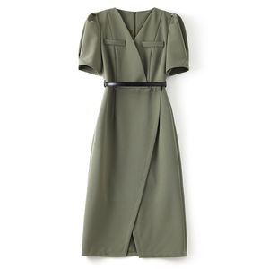 2023 Summer Green Solid Color Waist Belted Dress Short Sleeve V-Neck Knee-Length Casual Dresses W3L041708