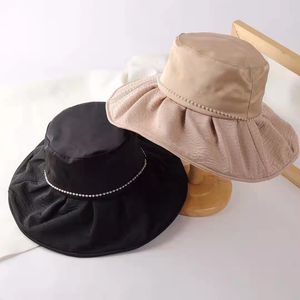 Новая жемчужная плиссированная кепка рыбака с большими полями, женская летняя французская портативная шляпа-ведро, защита от ультрафиолетовых лучей, солнцезащитный крем, пляжная шляпа, Femme
