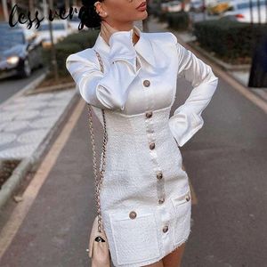 lessverge Elegant office ladies tweed blazer dress women Single breasted mini bodycon dress Tassel pocket winter dress plus size T272F