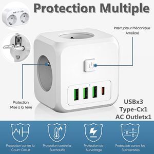 Power Cable Plug EU Plug Power Strip med 3 AC Outlets 3 USB-laddningsportar 1 Typ C 5V 2.4A Adapter 7-i-1 Plug-uttag på/OFF-omkopplare 230701