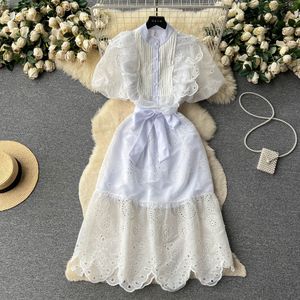 Casual Dresses New Fashion Round Neck Patchwork Wooden Ear Hollowed Out A-line Dress for Women's Summer Slim Lace Up Party Vestidos 2023